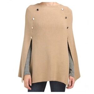 Modena Cape Poncho Pullover Crew‎ Neck Knit One Size Tan Classic Chic